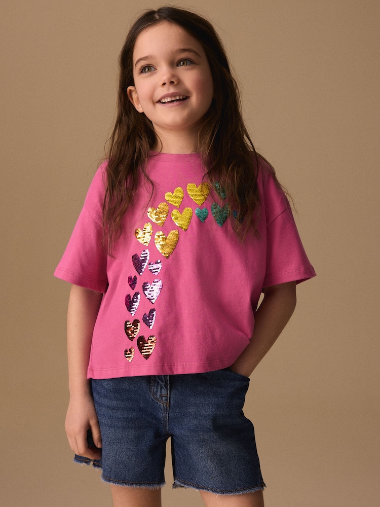 Pink Rainbow Sequin Heart T-Shirt (3-16yrs) - Image 1 of 3 Pink Rainbow Sequin Heart T-Shirt (3-16yrs) - Image 1 of 3