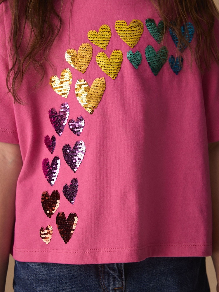 Pink Rainbow Sequin Heart T-Shirt (3-16yrs) - Image 3 of 3 Pink Rainbow Sequin Heart T-Shirt (3-16yrs) - Image 3 of 3