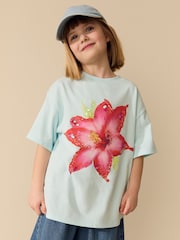 Blue Hibiscus Sequin Graphic T-Shirt (3-16yrs) - Image 2 of 3