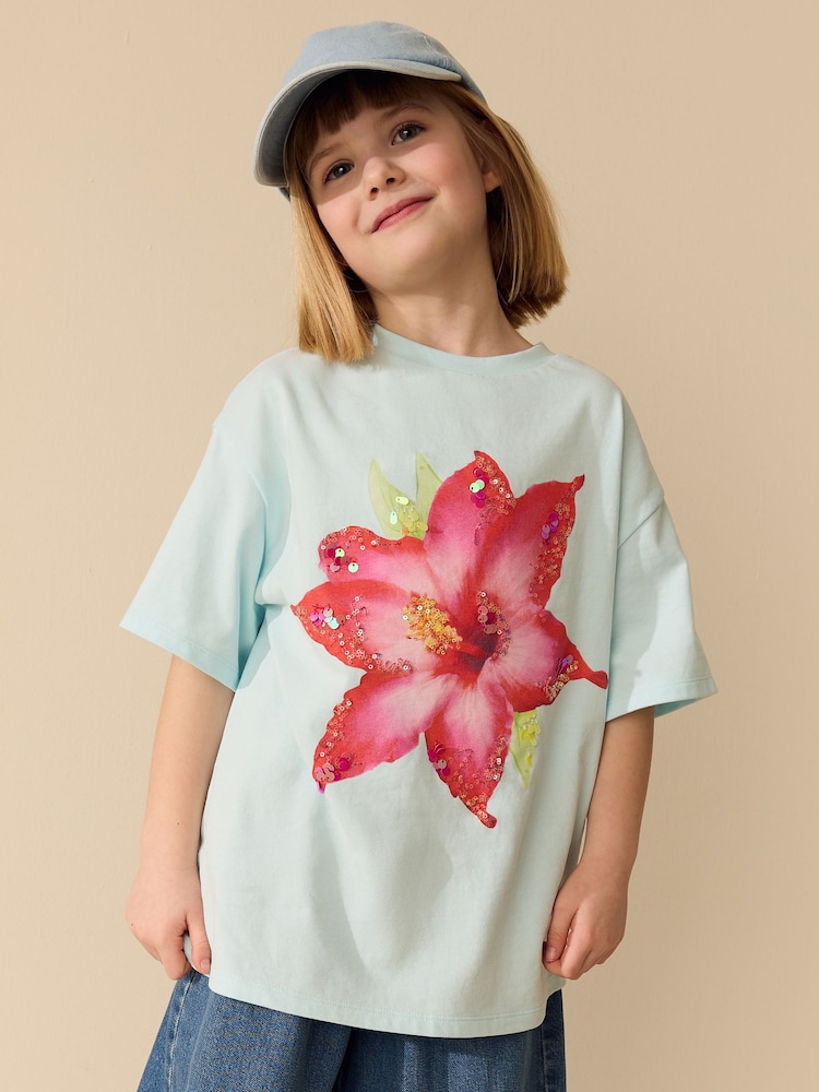 Blue Hibiscus Sequin Graphic T-Shirt (3-16yrs) - Image 2 of 3 Blue Hibiscus Sequin Graphic T-Shirt (3-16yrs) - Image 2 of 3