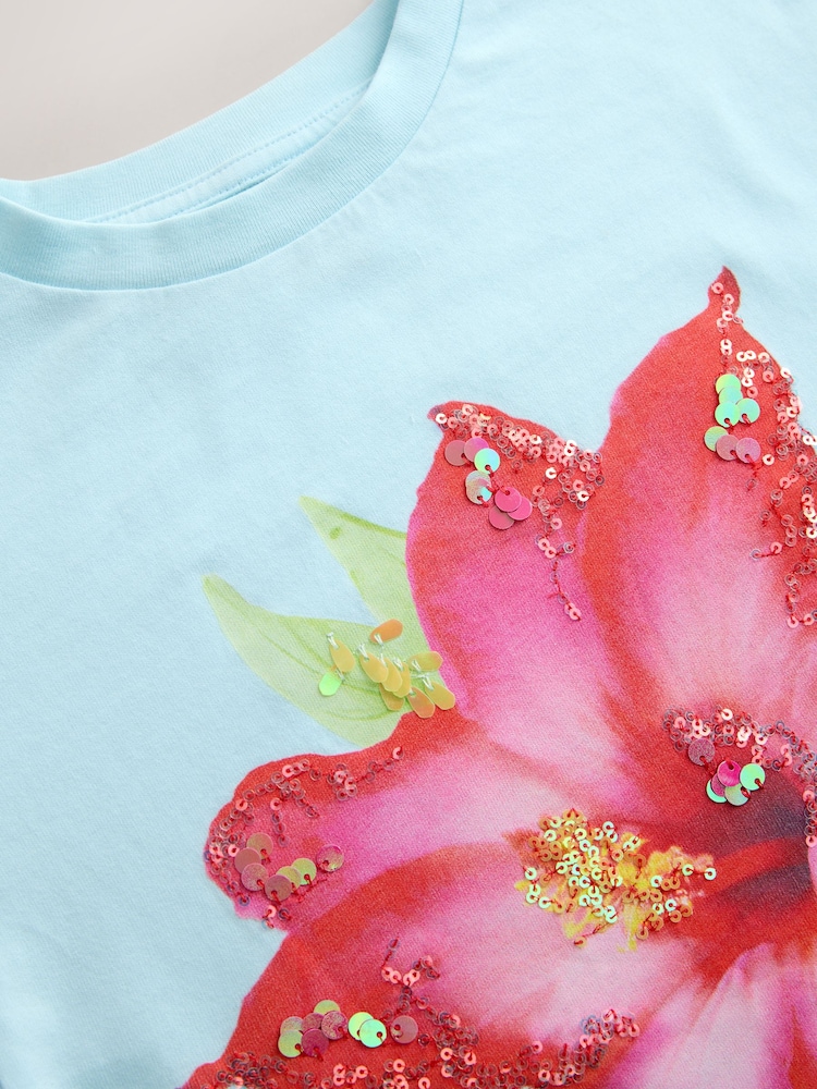 Blue Hibiscus Sequin Graphic T-Shirt (3-16yrs) - Image 7 of 7