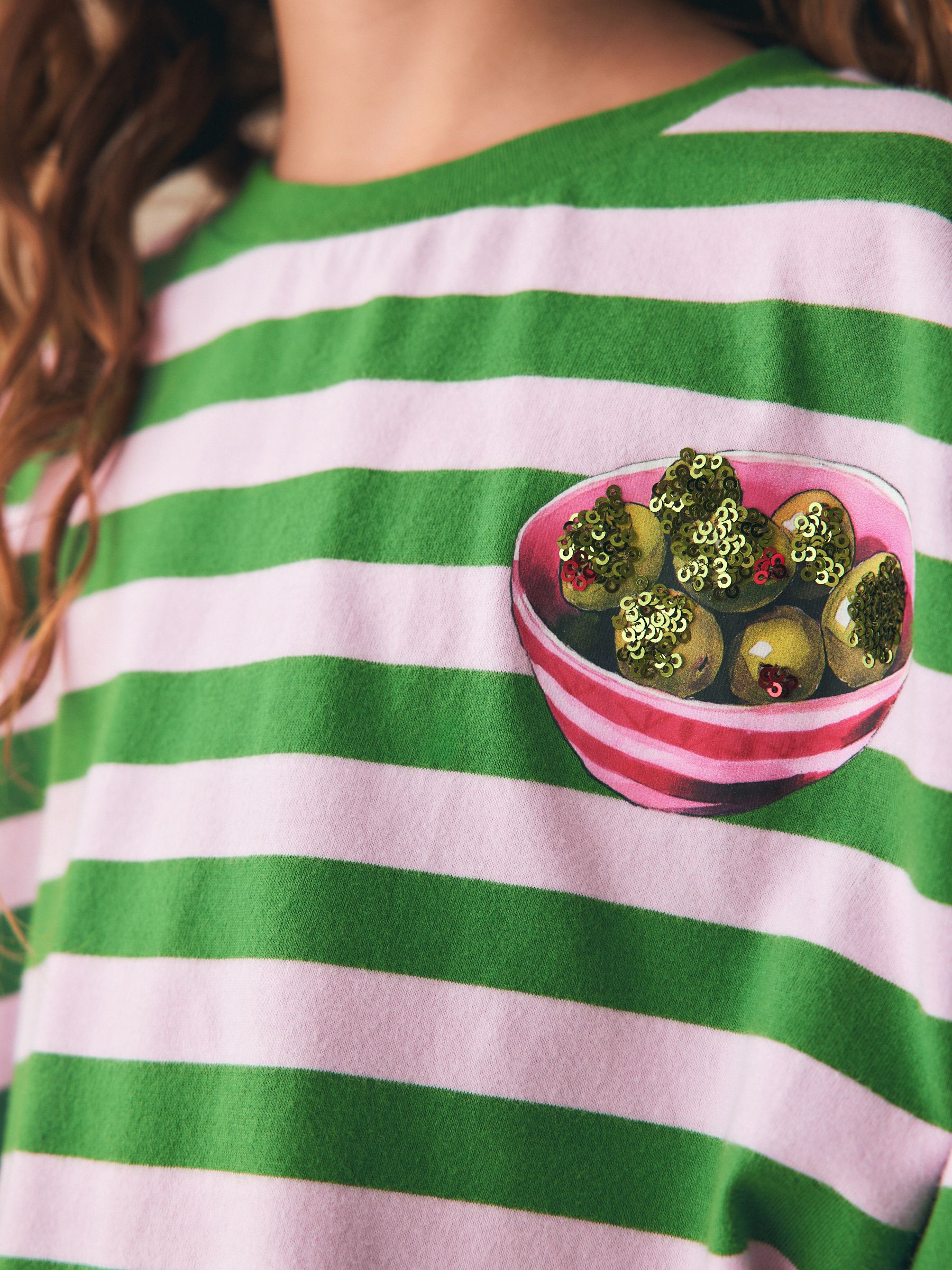 Buy Green Stripe Olive Oversized Boxy Sequin Graphic T-Shirt (3