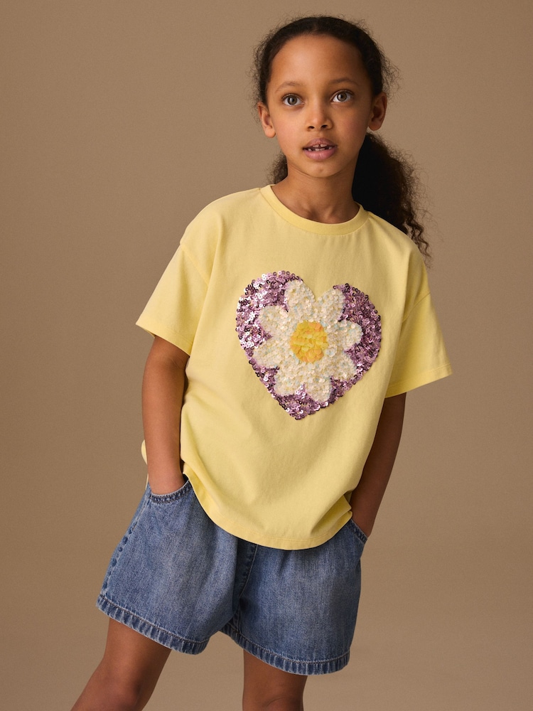 Yellow Daisy Sequin Heart T-Shirt (3-16yrs) - Image 1 of 8