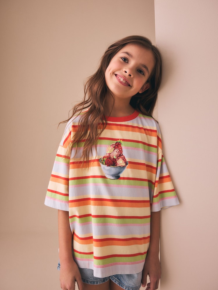 Stripe Ice Cream Oversized Boxy  Sequin Graphic T-Shirt (3-16yrs) - Image 1 of 4