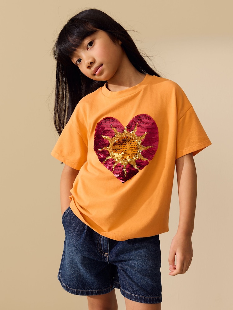 Orange Sun Sequin Heart T-Shirt (3-16yrs) - Image 1 of 4