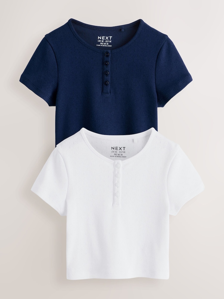 Navy/White Pointelle Button Front Tops 2 Pack (3-16yrs) - Image 1 of 6