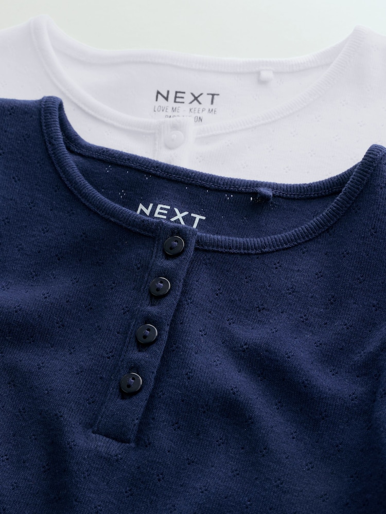 Navy/White Pointelle Button Front Tops 2 Pack (3-16yrs) - Image 6 of 6
