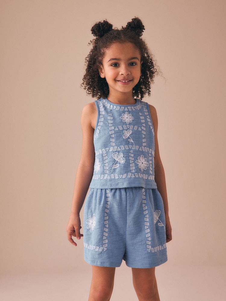 Blue Embroidered Vest and Shorts Set (3-16yrs) - Image 1 of 9