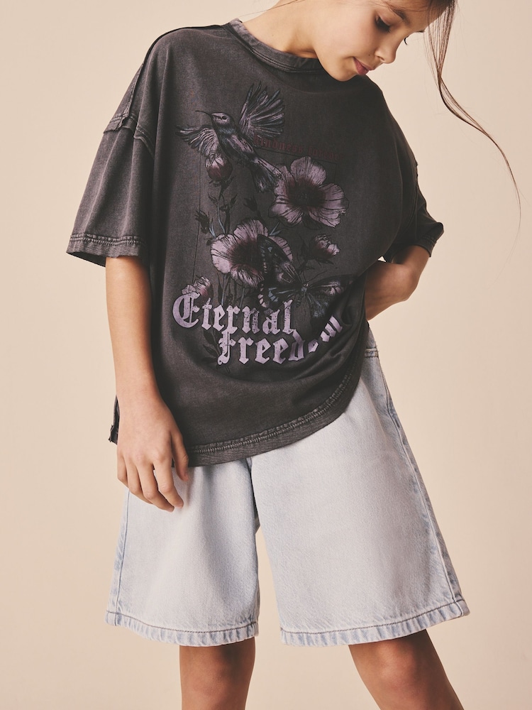Charcoal Grey Floral Oversized Graphic Print T-Shirt (3-16yrs) - Image 4 of 4