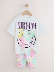 Alb - Nirvana License Oversized T-Shirt and Cycling Shorts Set (3-16yrs) - Imaginea 6 din 9