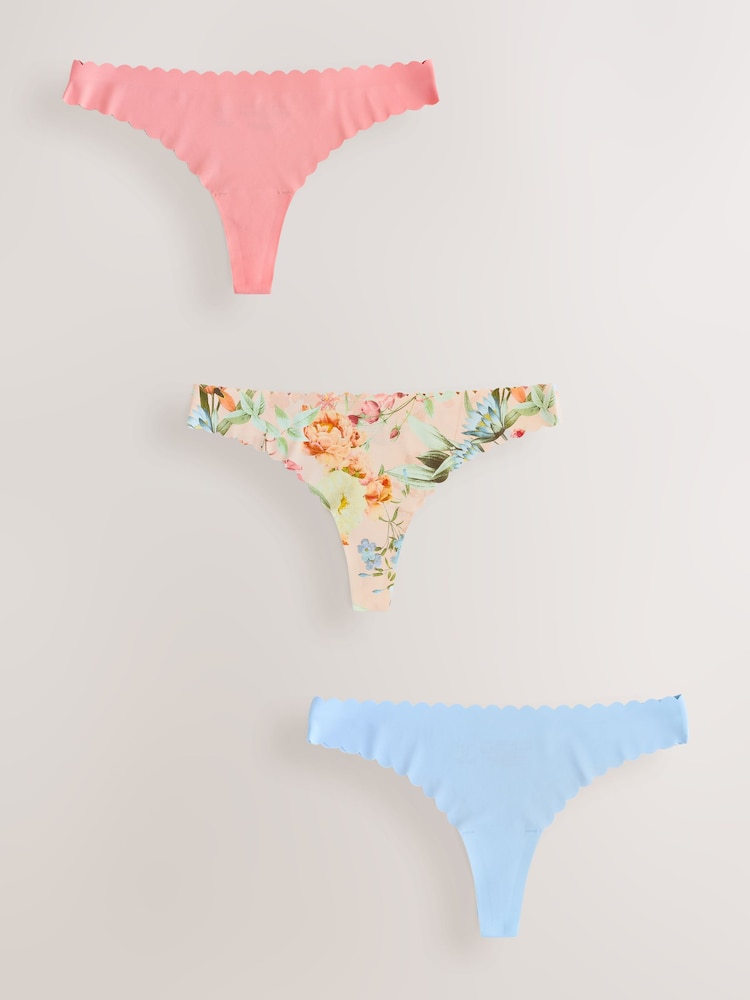 Mint Green/Floral Thong No VPL Scallop Knickers 3 Pack - Image 1 of 6
