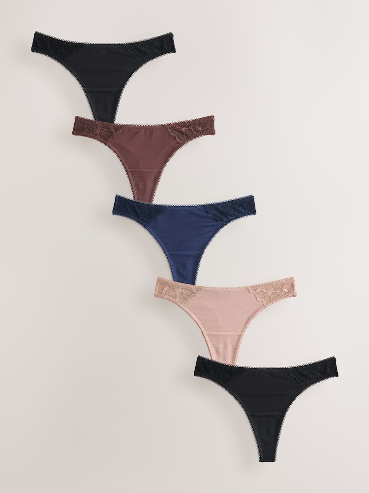 Black/Navy/Praline Nude Thong Modal & Lace Knickers 5 Pack - Image 1 of 8