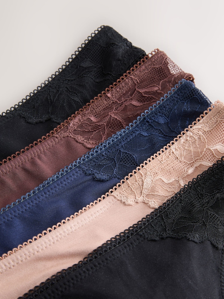 Black/Navy/Praline Nude Thong Modal & Lace Knickers 5 Pack - Image 8 of 8