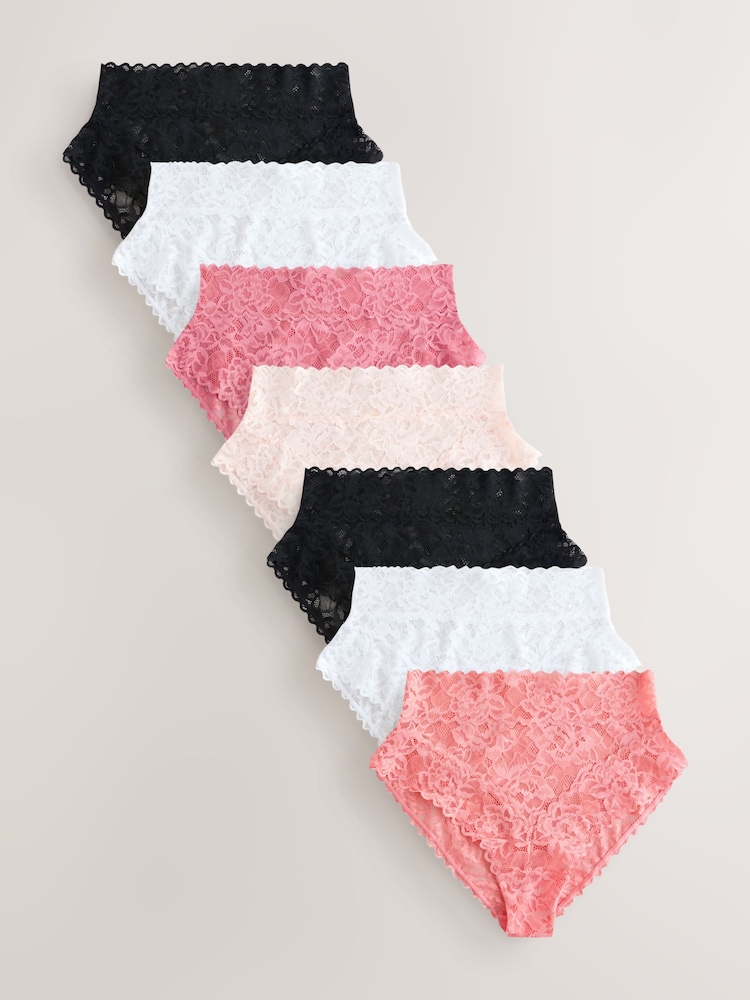 Black/White/Pink High Waist High Leg All Over Lace Knickers 7 Pack - Image 1 of 13