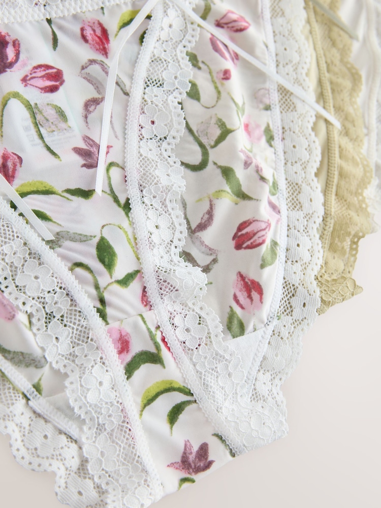 Cream/Green/Tulip Tanga Microfibre And Lace Knickers 3 Pack - Image 6 of 6