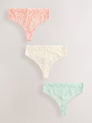 Coral Pink/Green/Cream High Waisted Thong Lace Front No VPL Knickers 3 Pack - Image 1 of 6