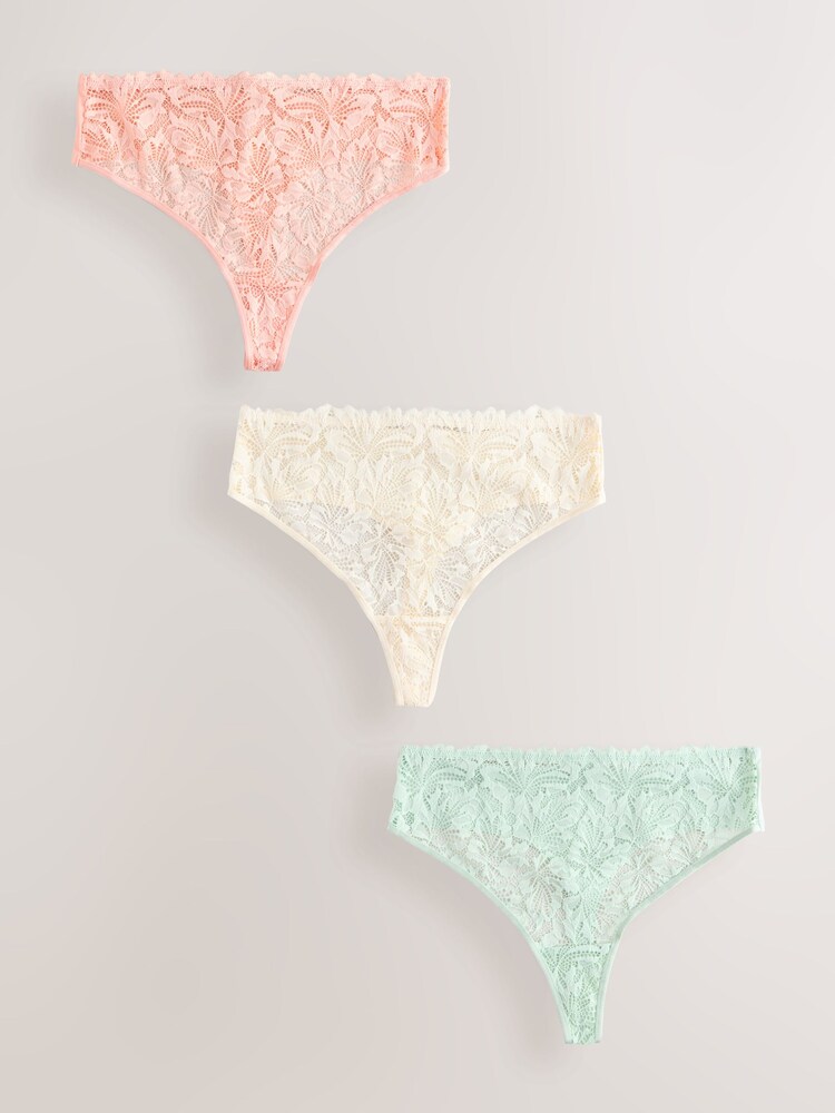 Coral Pink/Green/Cream High Waisted Thong Lace Front No VPL Knickers 3 Pack - Image 1 of 6