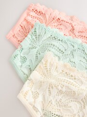 Coral Pink/Green/Cream High Waisted Thong Lace Front No VPL Knickers 3 Pack - Image 5 of 6