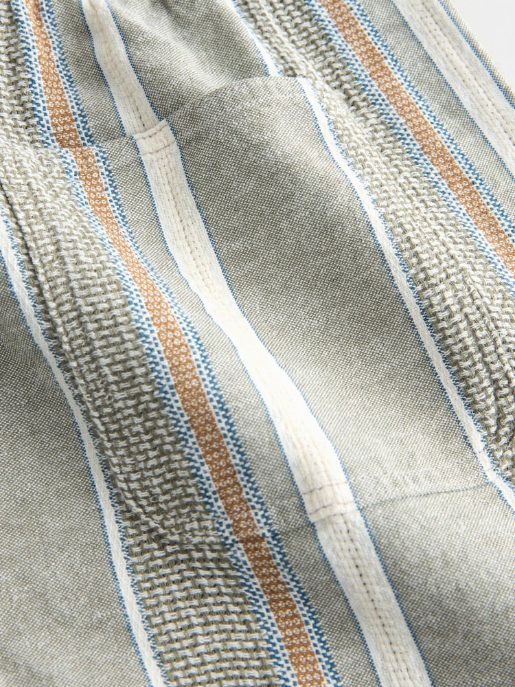 卡其色 - 亞麻混紡鬆緊腰條紋短褲 - 圖片 8，共 8