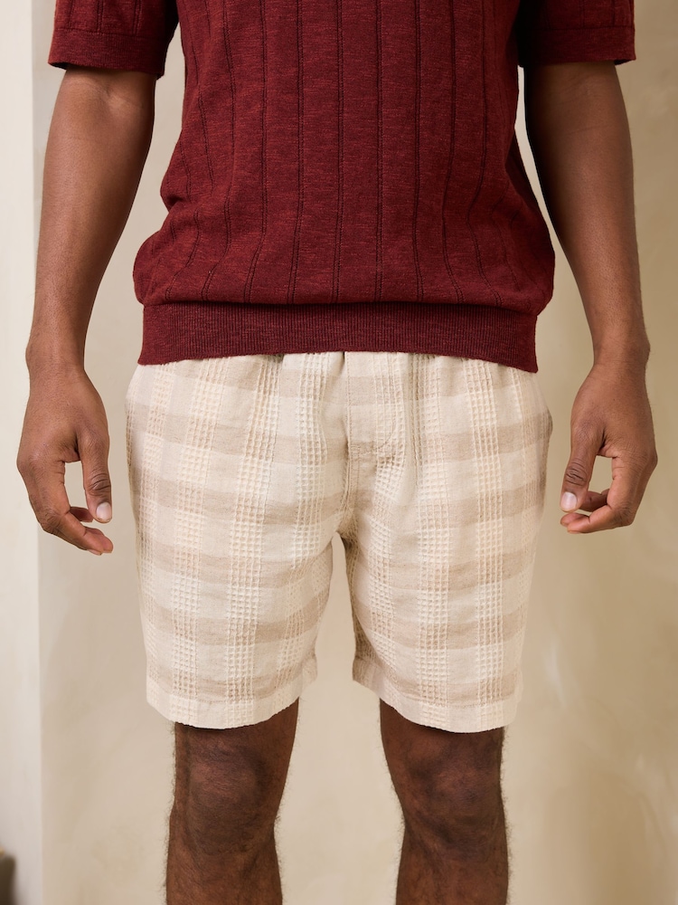 Neutral Textured Check Drawstring Waist Shorts - Image 1 of 10 Neutral Textured Check Drawstring Waist Shorts - Image 1 of 10