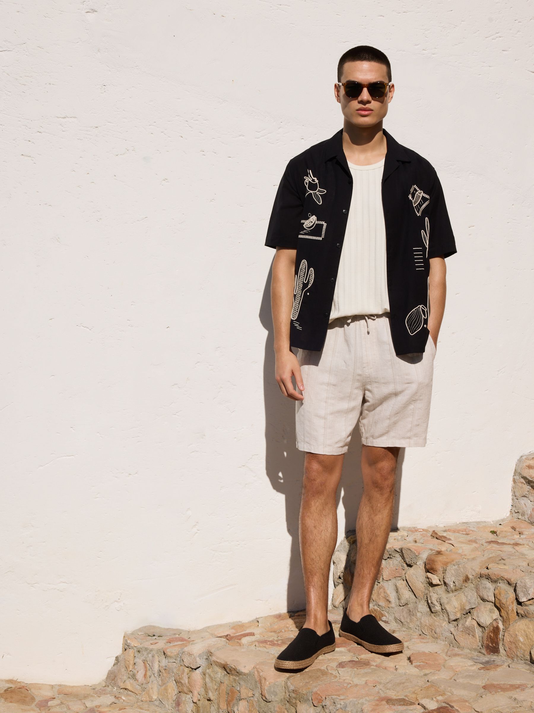Buy Neutral Elasticated Waist Linen Rich Textured 7 Inch Shorts
