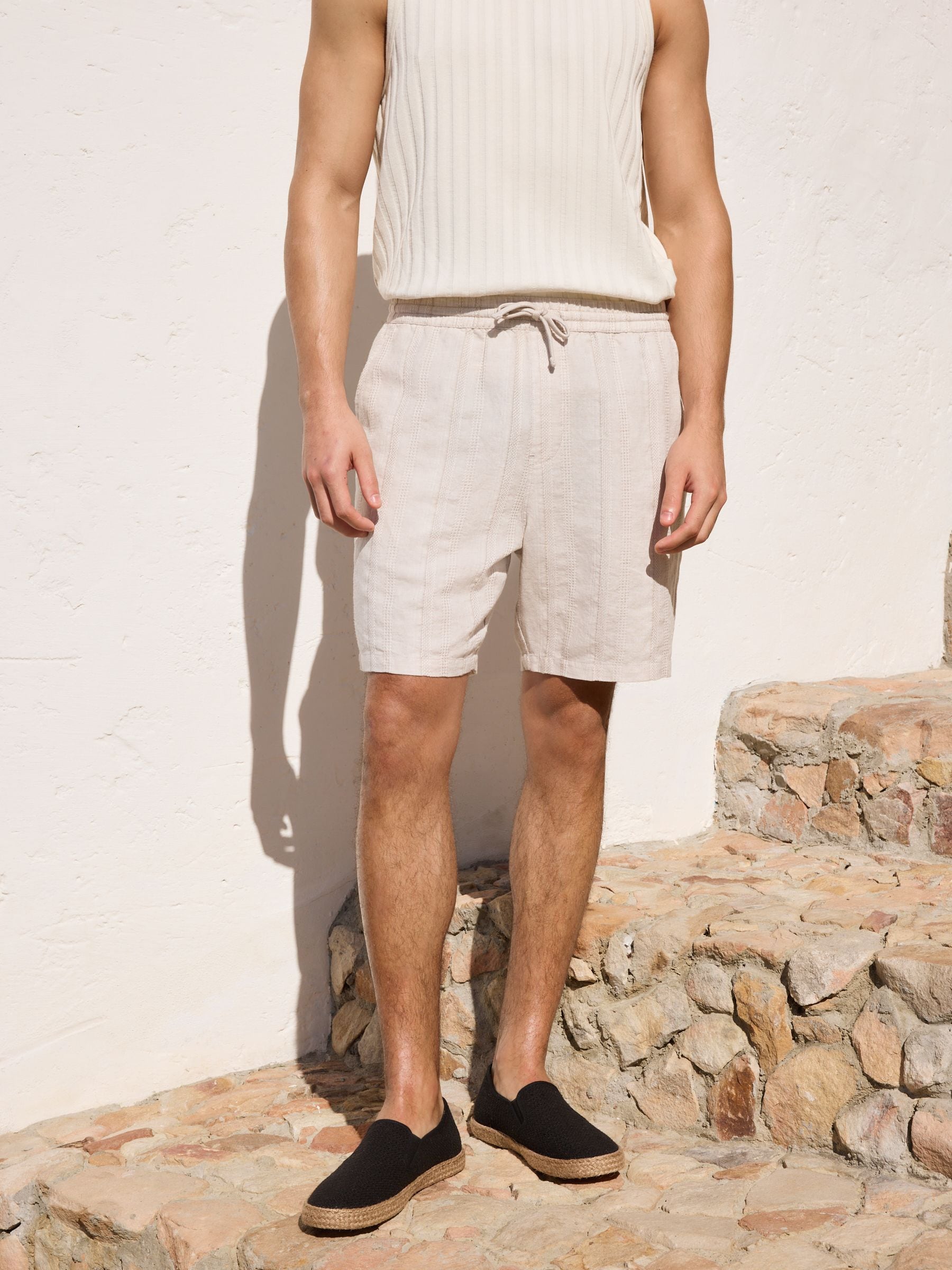 Buy Neutral Elasticated Waist Linen Rich Textured 7 Inch Shorts