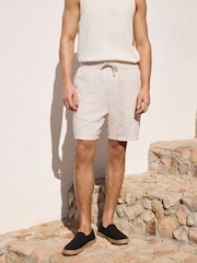 Neutral Elasticated Waist Linen Rich Textured Shorts - Image 4 of 11