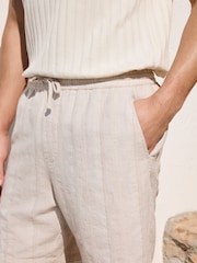 Neutral Elasticated Waist Linen Rich Textured Shorts - Image 5 of 11