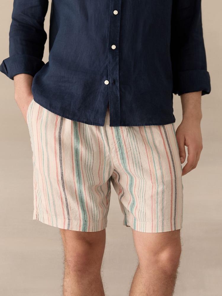 Multi Stripe Elasticated Waist Linen Blend Shorts - Image 1 of 10