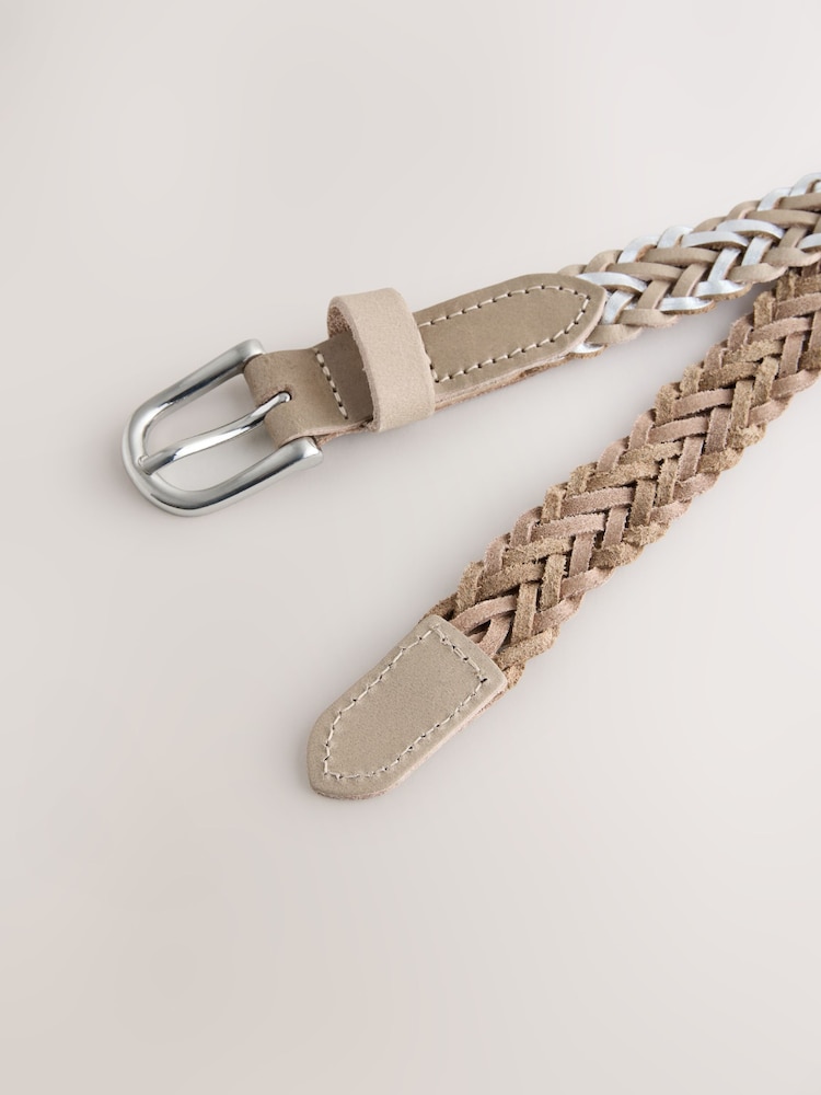 Nude/Silver Skinny Metallic Hand Plaited Leather Belt - Image 2 of 6