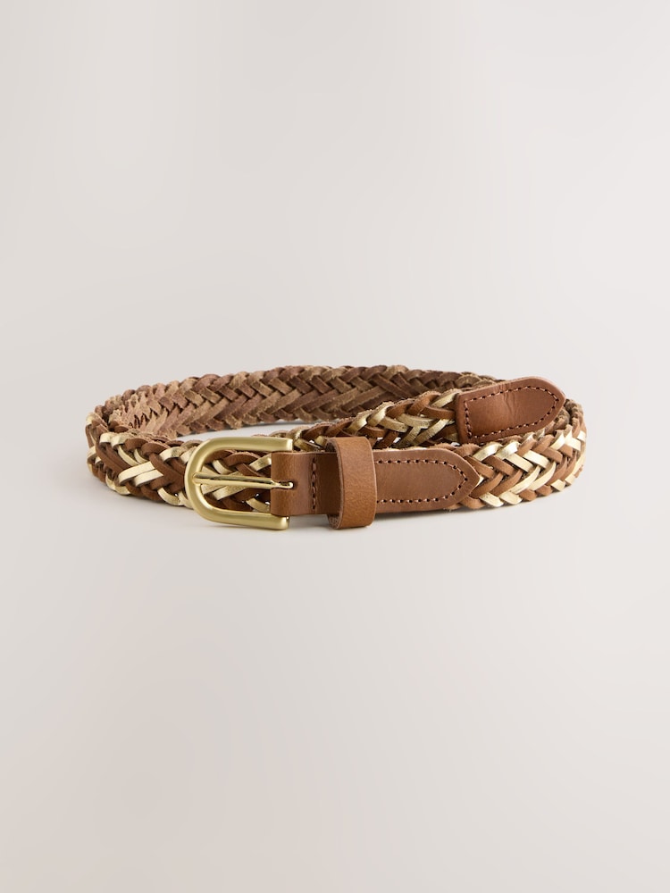Tan Brown/Gold Skinny Metallic Hand Plaited Leather Belt - Image 1 of 5
