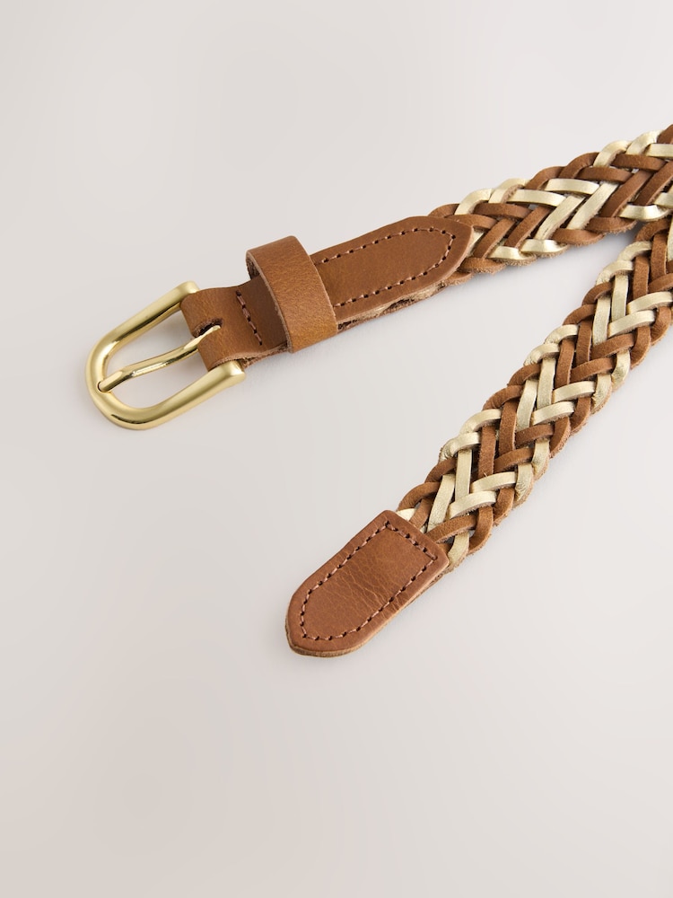 Tan Brown/Gold Skinny Metallic Hand Plaited Leather Belt - Image 2 of 5