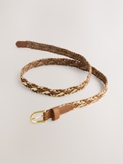 Tan Brown/Gold Skinny Metallic Hand Plaited Leather Belt - Image 3 of 5