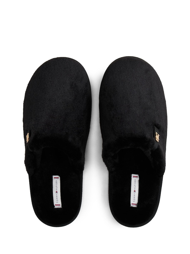 Buy Tommy Hilfiger Black Monogram Faux Fur Slippers from  display picture 3