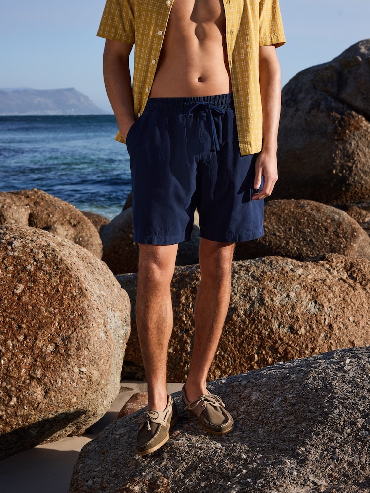 Navy Textured Cotton Linen Blend Drawstring Shorts - Image 1 of 4