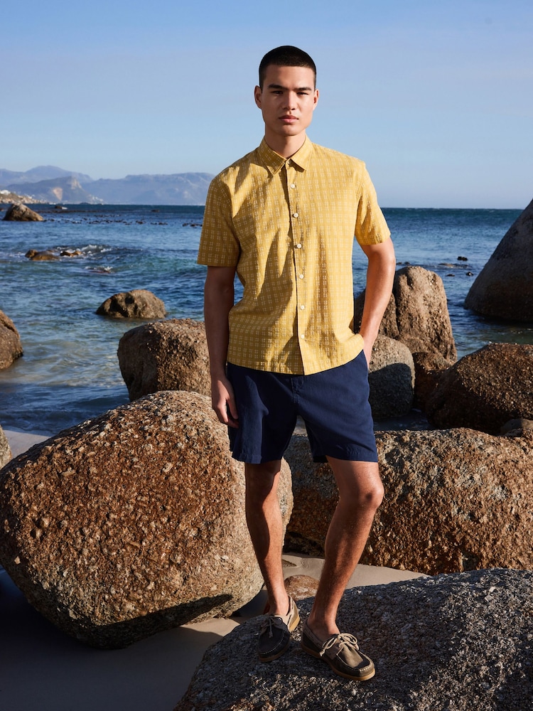 Navy Textured Cotton Linen Blend Drawstring Shorts - Image 2 of 4