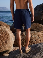 Navy Textured Cotton Linen Blend Drawstring Shorts - Image 3 of 4