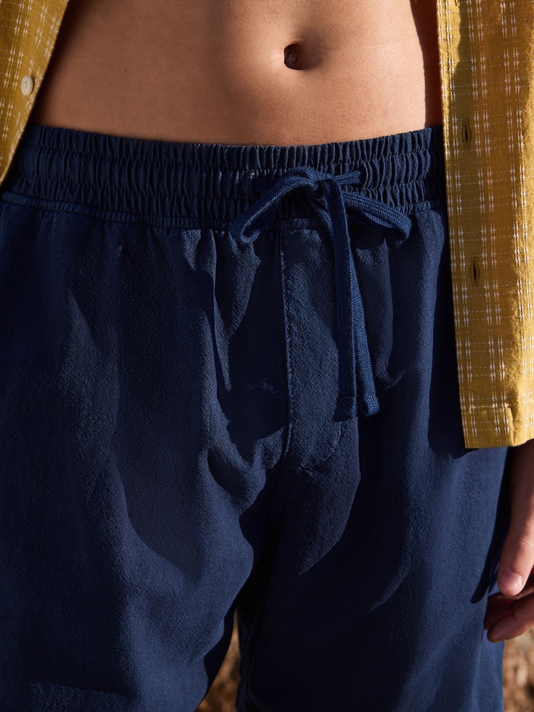 Navy Textured Cotton Linen Blend Drawstring Shorts - Image 4 of 4