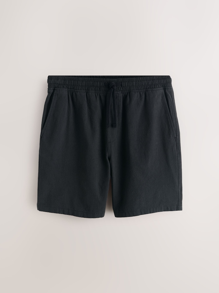 ブラック - テクスチャード コットンリネンブレンド ドローストリング ショートパンツ - 画像 1 / 5