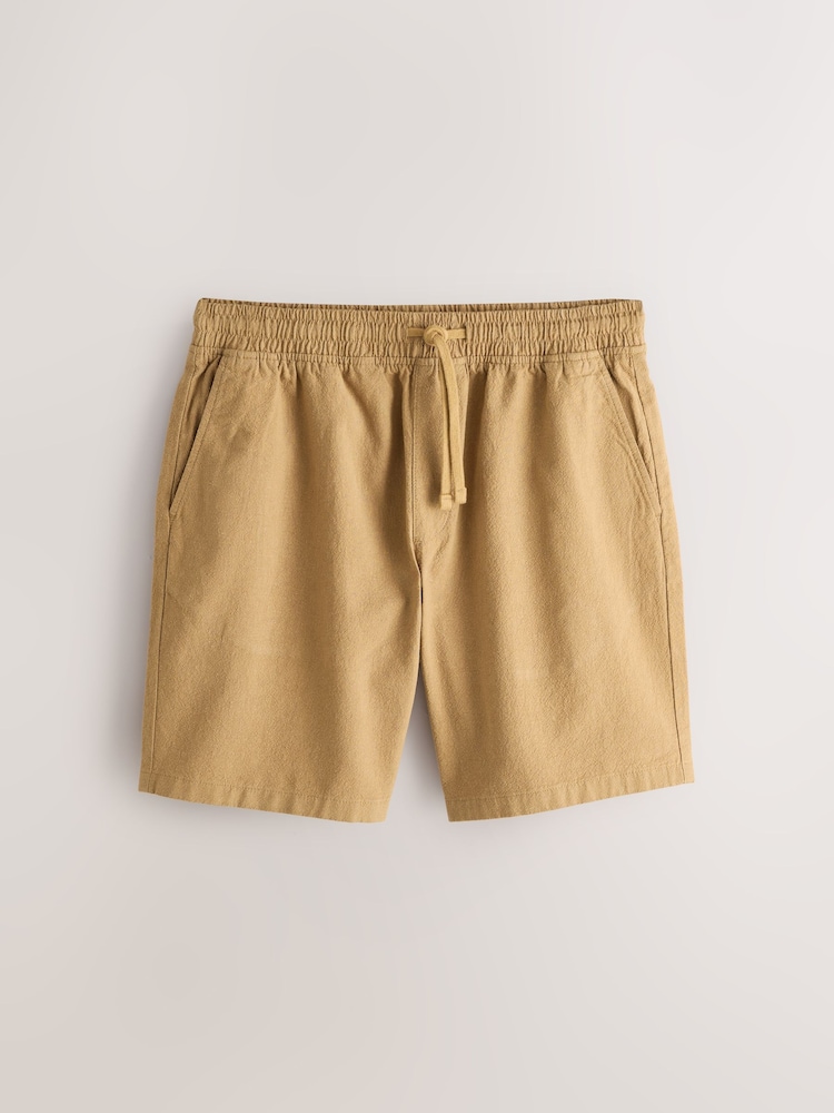 Tan Brown Textured Cotton Linen Blend Drawstring Shorts - Image 1 of 5