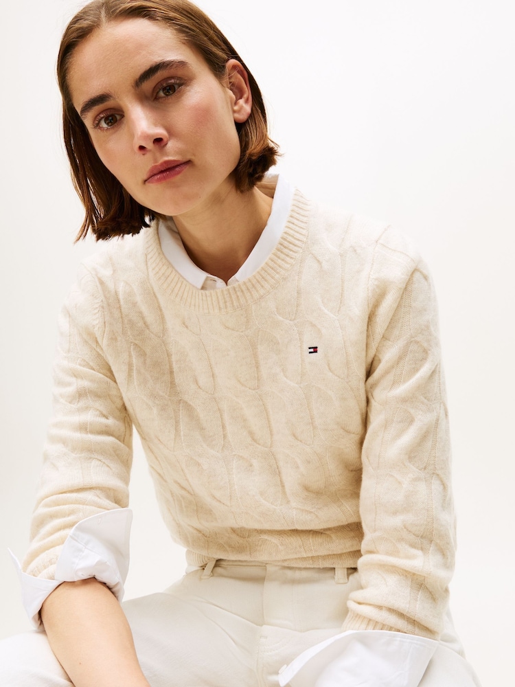 Tommy Hilfiger Cream Cable Knit Soft Wool Jumper - Image 2 of 5