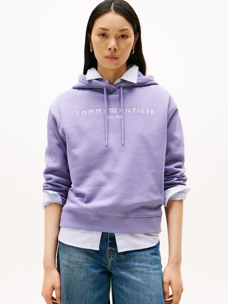 Tommy Hilfiger Purple Logo Embroidery Drawstring Hoodie - Image 1 of 5 Tommy Hilfiger Purple Logo Embroidery Drawstring Hoodie - Image 1 of 5