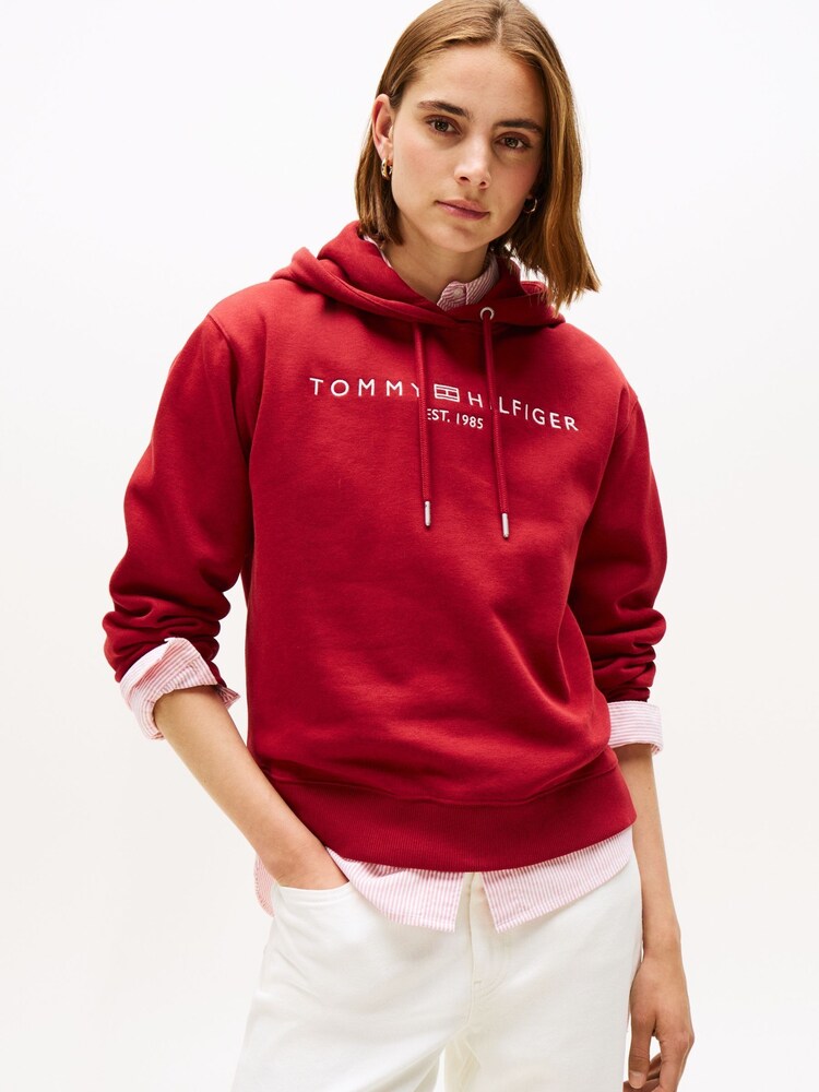 Tommy Hilfiger Red Logo Embroidery Drawstring Hoodie - Image 1 of 5 Tommy Hilfiger Red Logo Embroidery Drawstring Hoodie - Image 1 of 5
