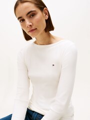 Tommy Hilfiger White Ribbed Slim Boat Neck T-Shirt - Image 4 of 5