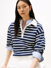 Tommy Hilfiger Blue Gold Tone Button Relaxed Rugby Sweatshirt - Image 4 of 5