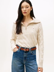 Tommy Hilfiger Cream Half-Zip Cable Knit Soft Wool Jumper - Image 1 of 5