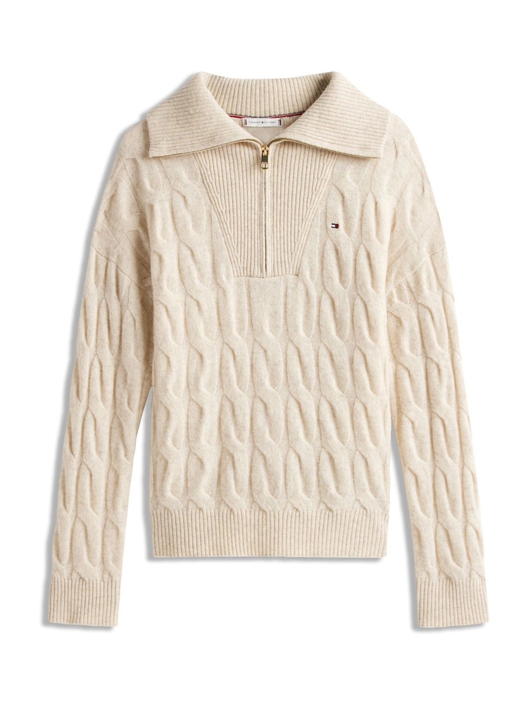 Tommy Hilfiger Cream Half-Zip Cable Knit Soft Wool Jumper - Image 5 of 5