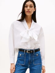 Tommy Hilfiger White Poplin Tie Neck Oversized Fit Shirt - Image 1 of 5