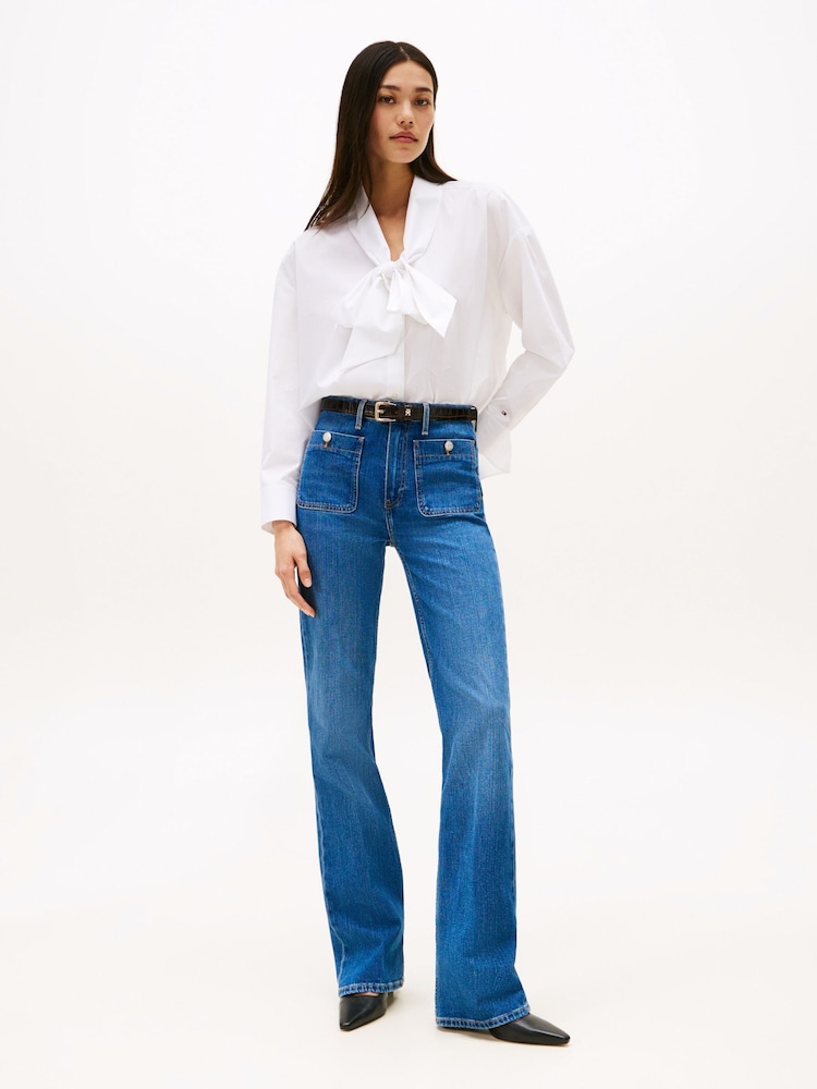 Tommy Hilfiger White Poplin Tie Neck Oversized Fit Shirt - Image 2 of 5
