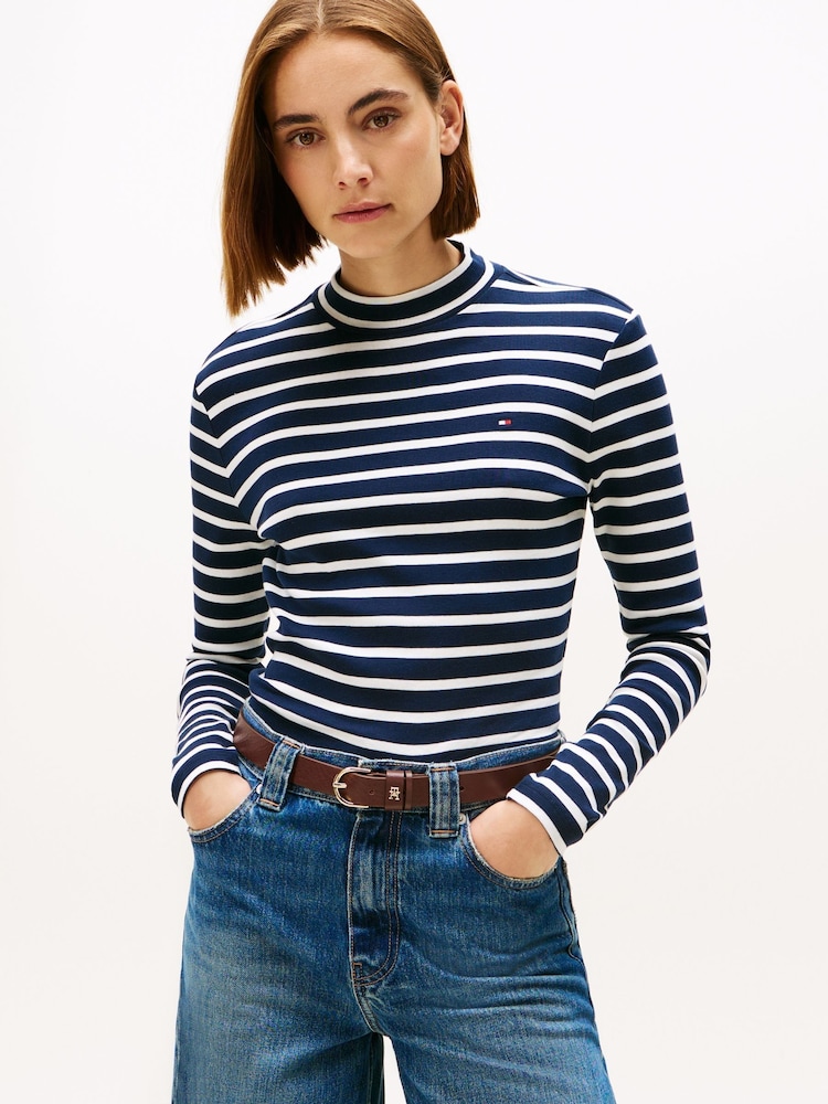 Tommy Hilfiger Blue Mock Neck Slim Long Sleeve Top - Image 1 of 5 Tommy Hilfiger Blue Mock Neck Slim Long Sleeve Top - Image 1 of 5